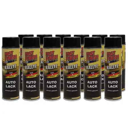 12x 500 ml FAST FINISH Rallye Autolack Lackspray Schwarz Gl&auml;nzend Spraydose 292835