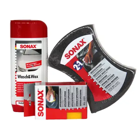 SONAX Autoshampoo Konzentrat Wasch&amp;Wax + Multischwamm + Applikationsschwamm