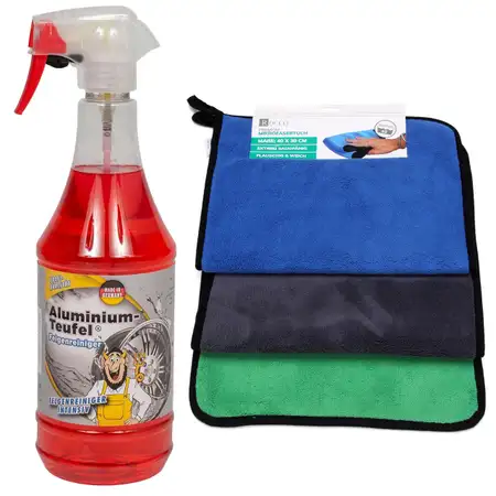 TUGA Alu-Teufel Plus Felgenreiniger ROT 1L + 3x ROCCO Mikrofasertuch Poliertuch